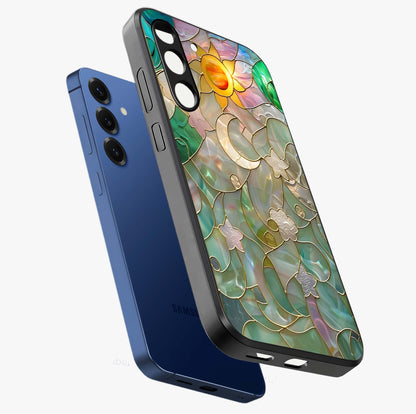 Stained Sunrise Glow Glass Case displayed in angled mockup highlighting radiant sunrise design with artistic aesthetic style.