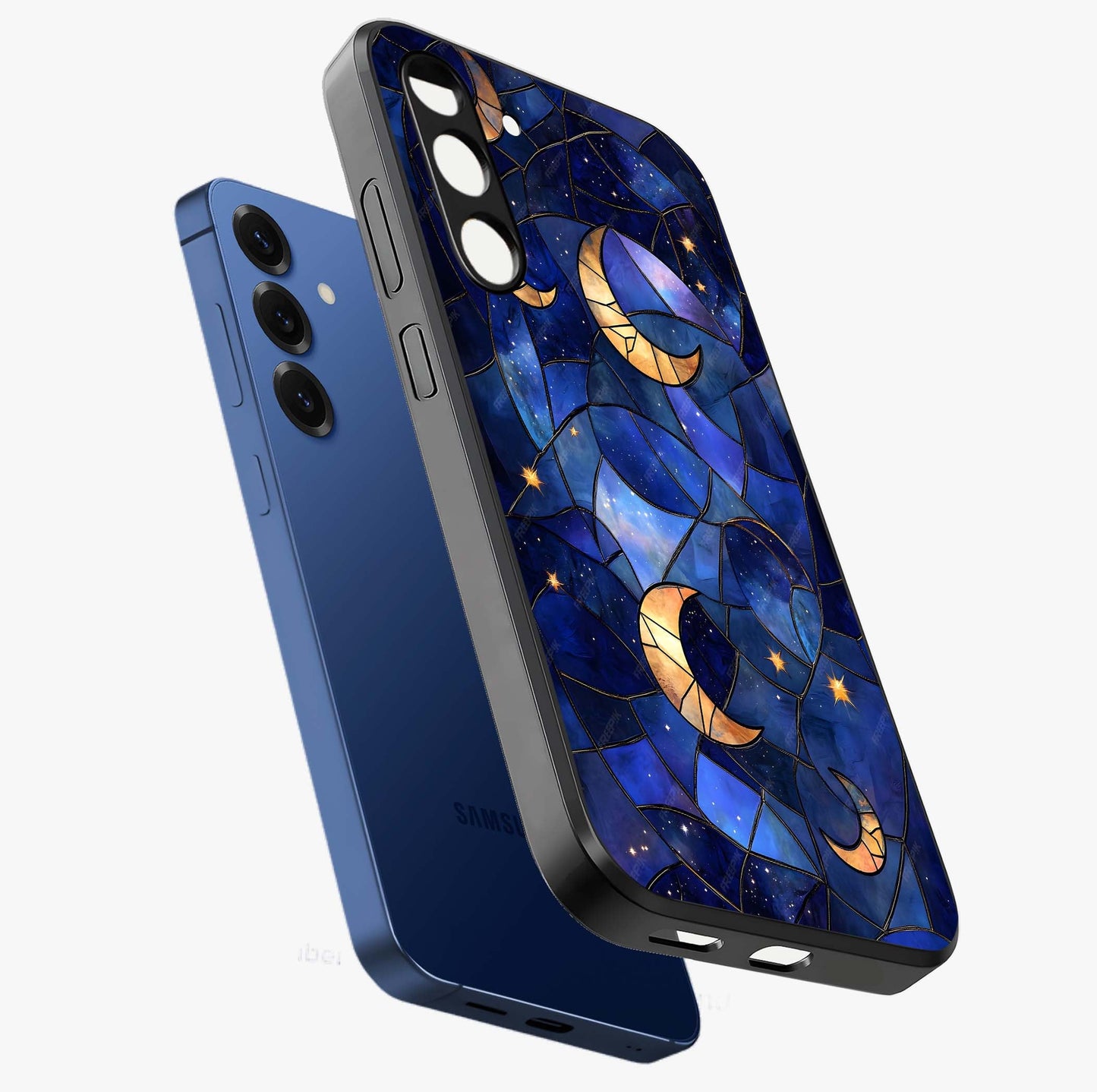 Starlit Sky Tapestry Glass Case displayed in angled mockup highlighting celestial night pattern with artistic aesthetic style.