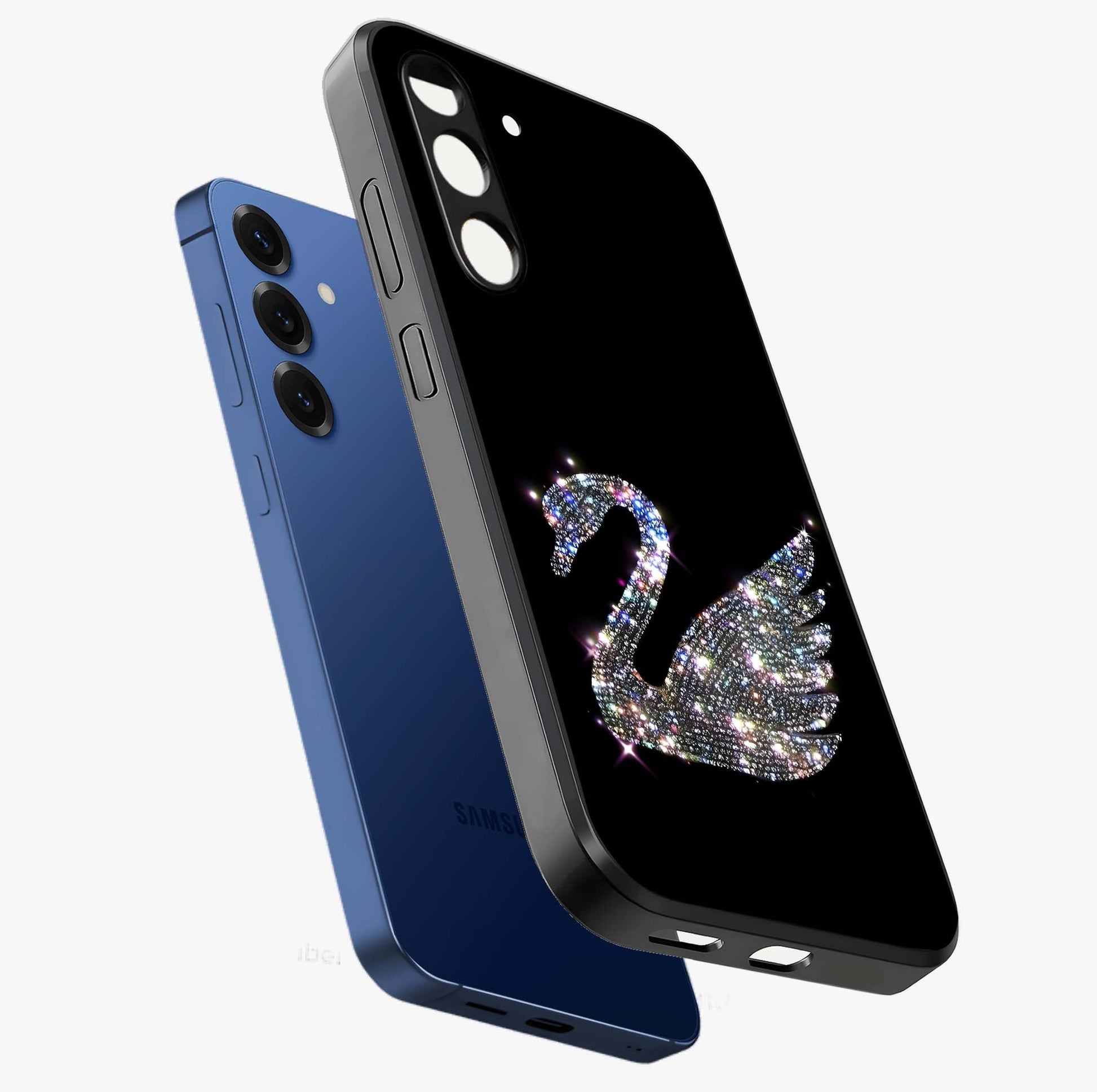 Starlit Swan Grace Glass Case displayed in angled mockup highlighting elegant swan illustration with dreamy celestial aesthetic.