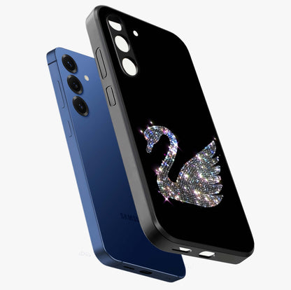 Starlit Swan Grace Glass Case displayed in angled mockup highlighting elegant swan illustration with dreamy celestial aesthetic.