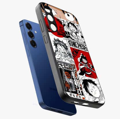 Strawhat Chaos Panels Glass Case displayed in angled mockup highlighting vibrant anime collage design with action aesthetic.