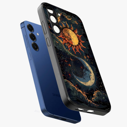 Sun And Moon Magic Design Glass Case displayed in angled mockup highlighting celestial design with magical cosmic aesthetic.
