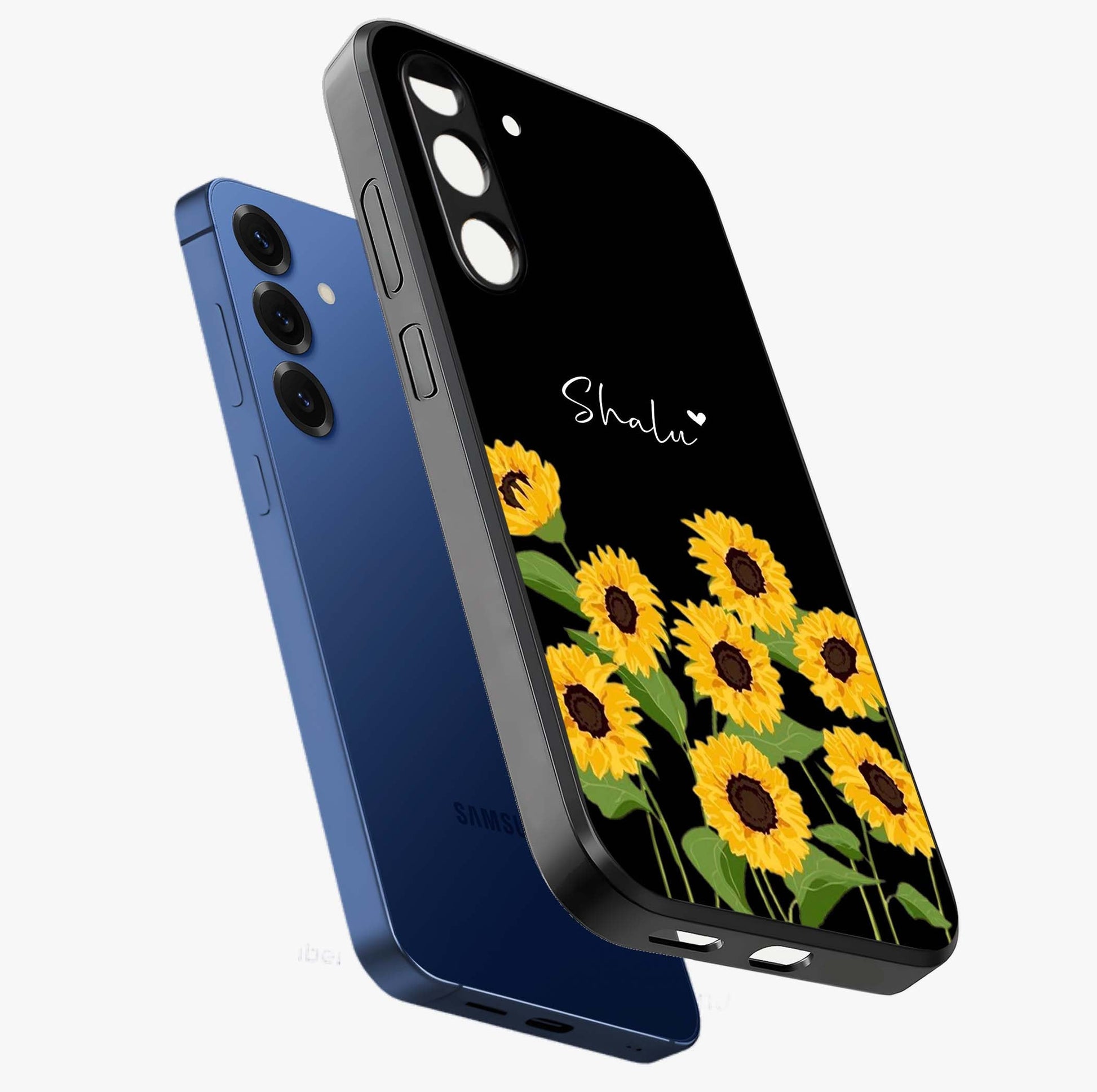 Sunflower Chic Mood Custom Name Glass Case displayed in angled mockup highlighting vibrant sunflower design with custom name feature.