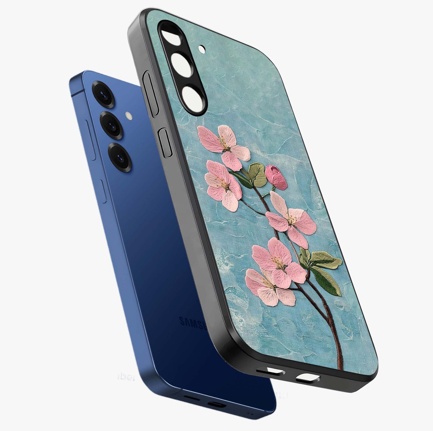 Threaded Blossom Breeze Glass Case displayed in angled mockup highlighting elegant floral design with soft aesthetic style.