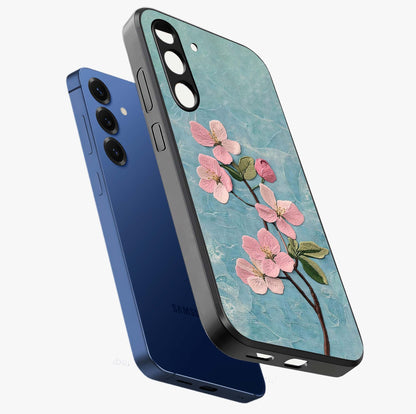 Threaded Blossom Breeze Glass Case displayed in angled mockup highlighting elegant floral design with soft aesthetic style.