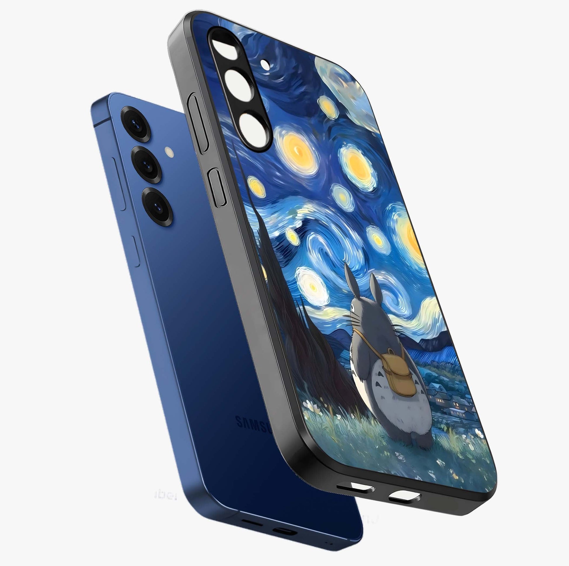 Totoro In Van Gogh Art Glass Case displayed in angled mockup highlighting artistic swirling sky design with playful animation aesthetic.