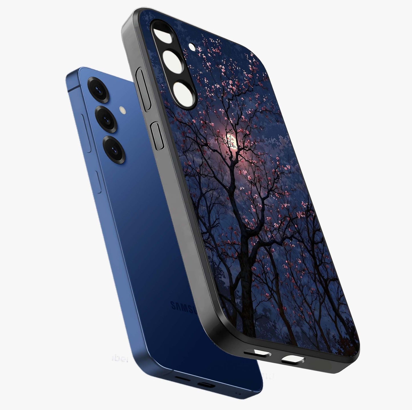 Twilight Sakura Serenade Glass Case displayed in angled mockup highlighting delicate sakura flower design with dreamy aesthetic.