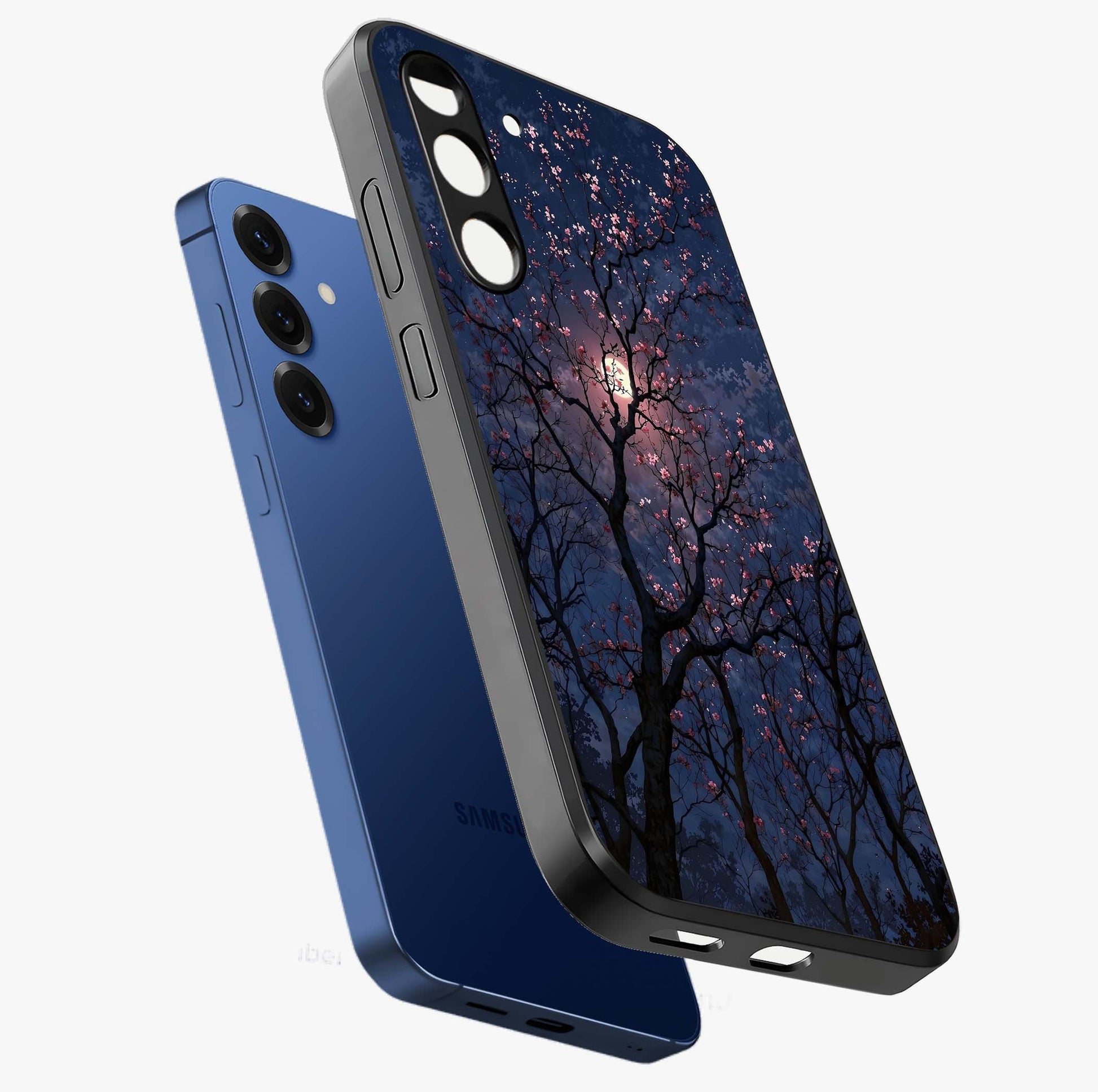 Twilight Sakura Serenade Glass Case displayed in angled mockup highlighting delicate sakura flower design with dreamy aesthetic.