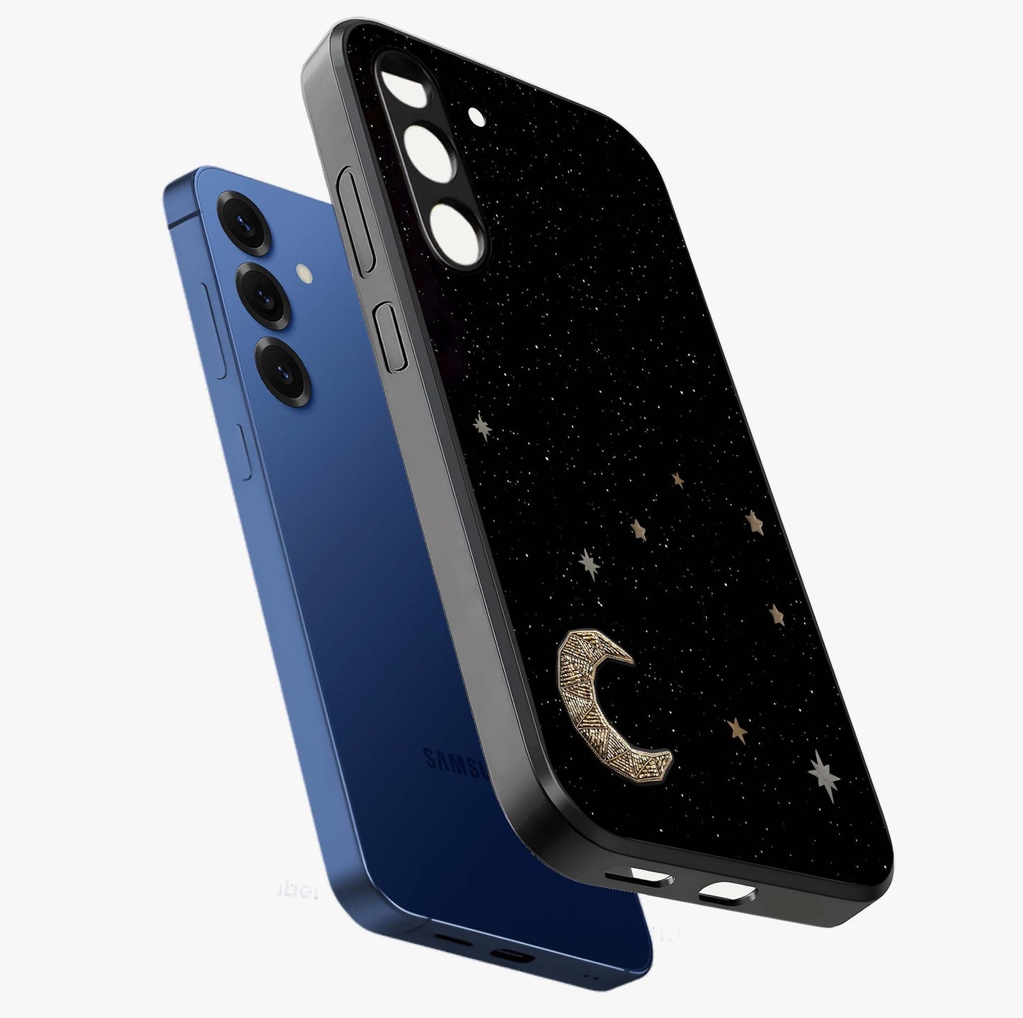 Twinkle Star With Half Moon Glass Case displayed in angled mockup highlighting celestial moon and star design with magical aesthetic.