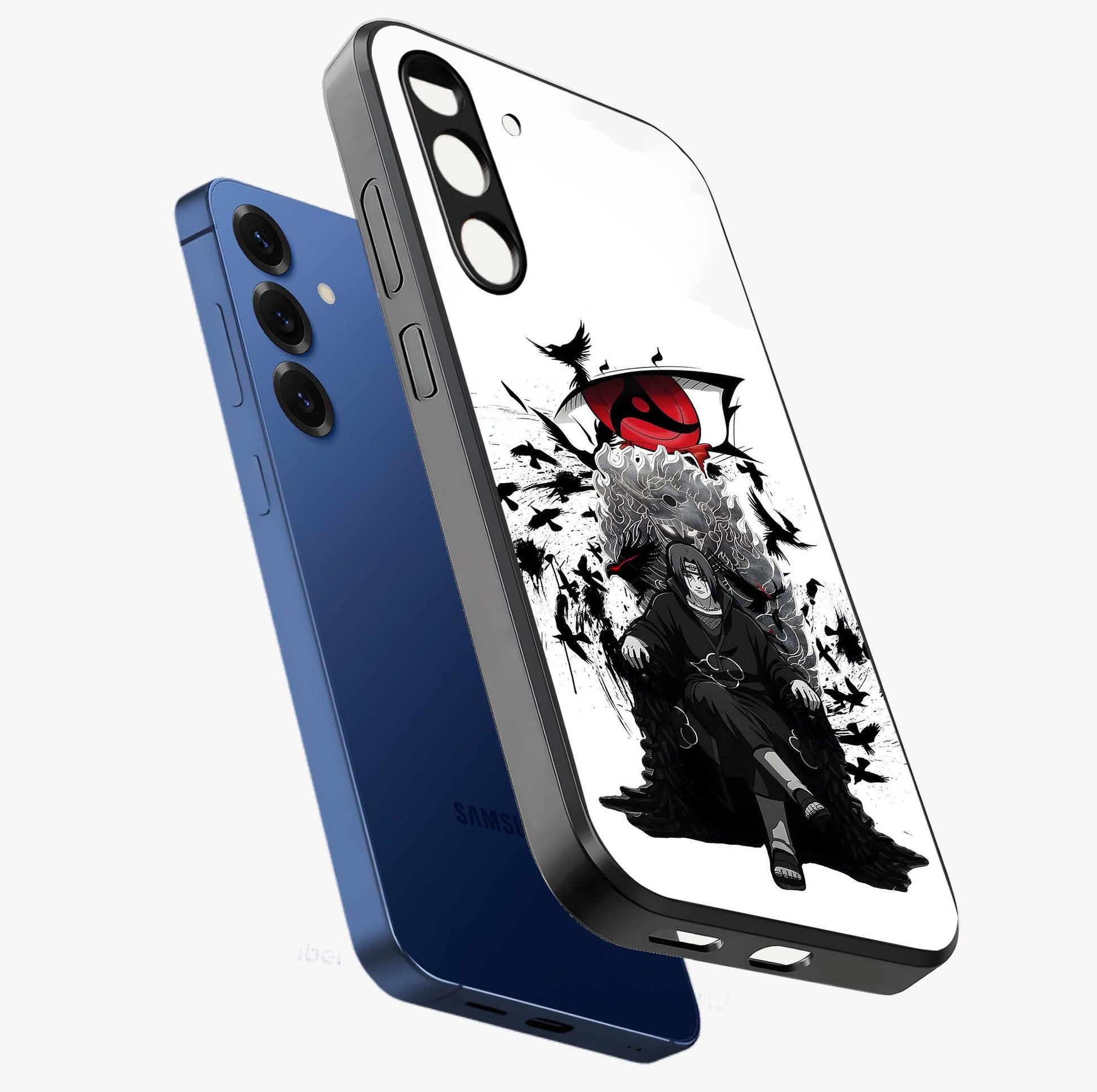 Uchiha Shadow Throne Glass Case displayed in angled mockup highlighting glowing aquatic design with celestial aesthetic.