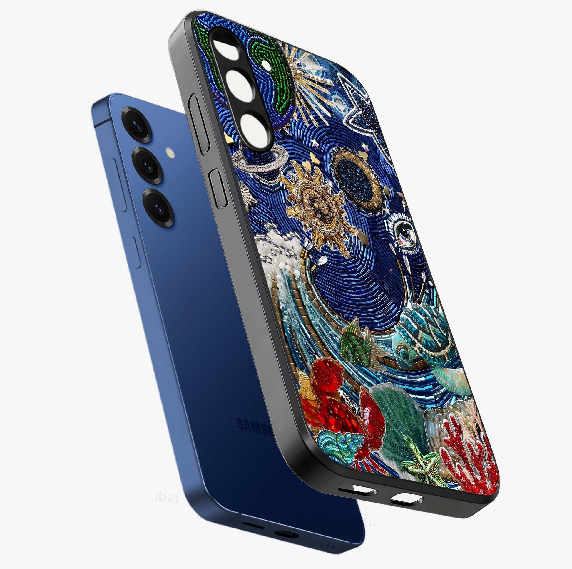 Universe Underwater Spark Glass Case displayed in angled mockup highlighting glowing aquatic design with celestial aesthetic.