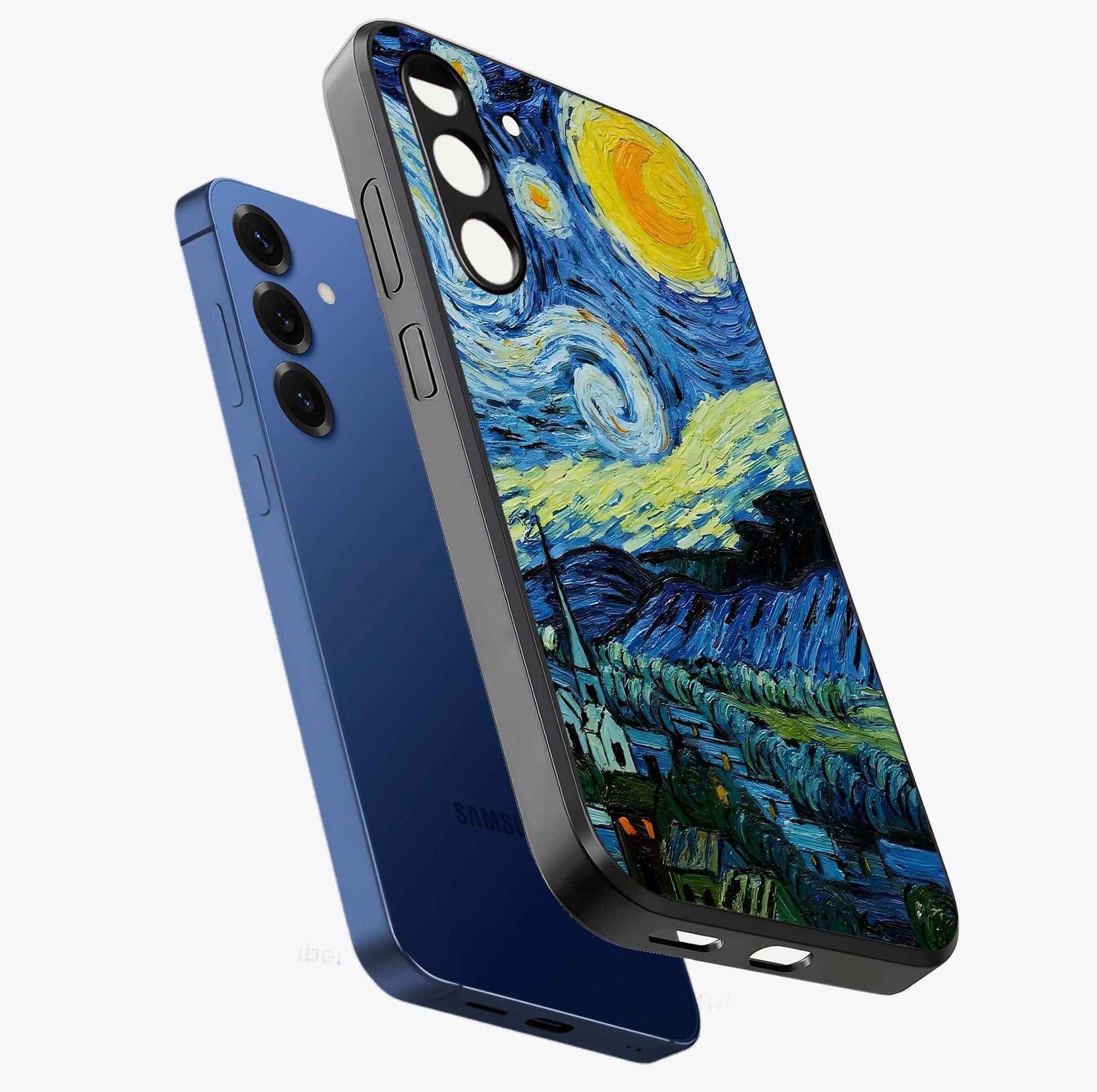 Van Gogh Art Glass Case displayed in angled mockup highlighting swirling brushstroke design with artistic aesthetic.