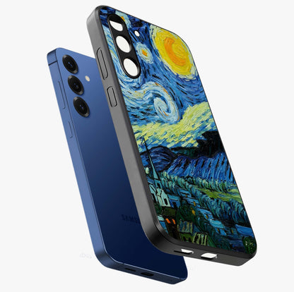 Van Gogh Art Glass Case displayed in angled mockup highlighting swirling brushstroke design with artistic aesthetic.