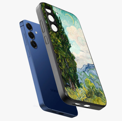 Van Gogh Vintage Art Glass Case displayed in angled mockup highlighting textured brushstroke design with classic aesthetic.