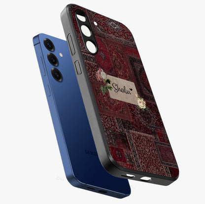 Velvet Wine Pattern Custom Name Glass Case displayed in angled mockup highlighting decorative velvet inspired design with custom name feature.