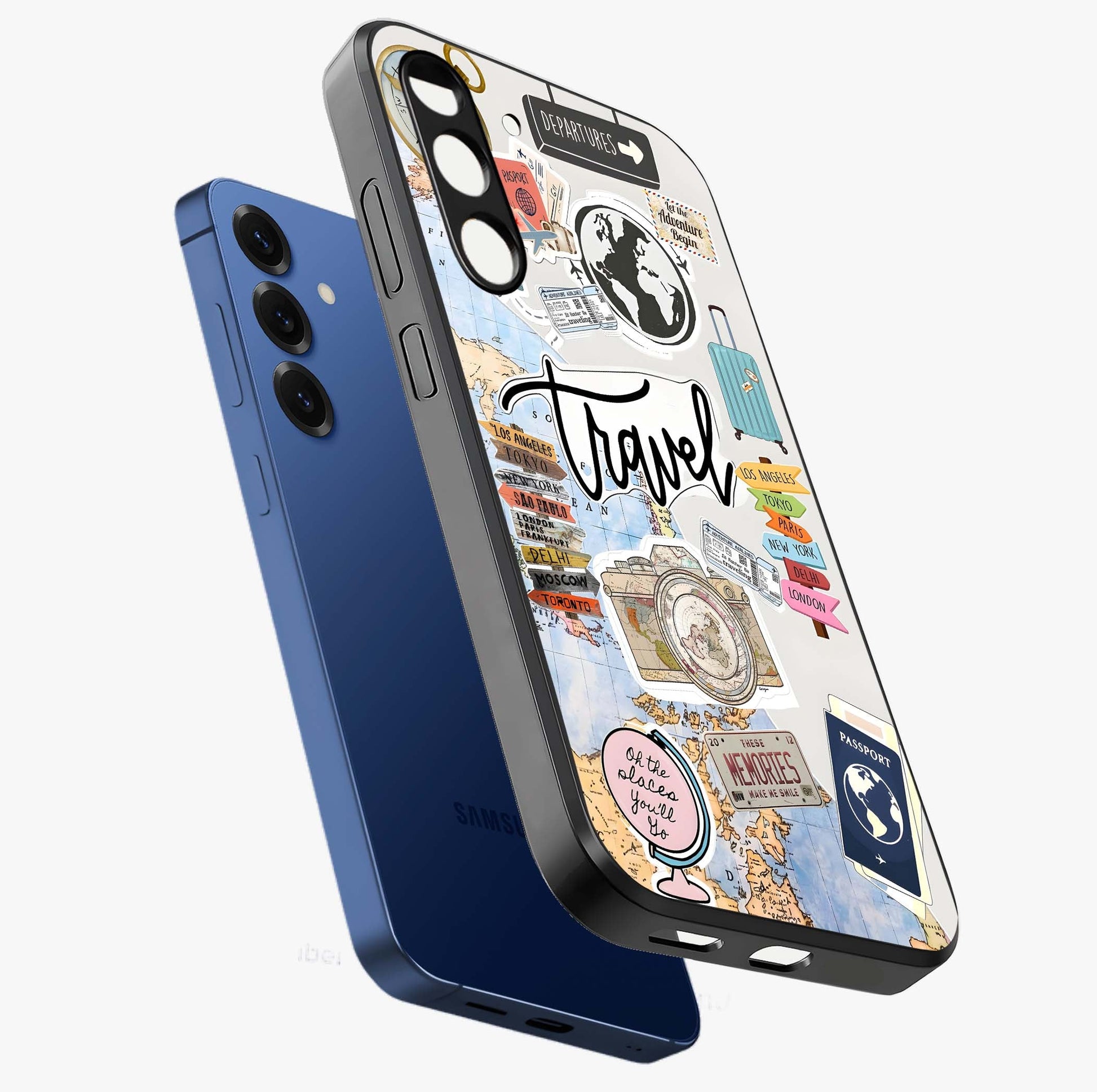 Wanderlust Journal Glass Case displayed in angled mockup highlighting adventure themed design with aesthetic travel vibe.