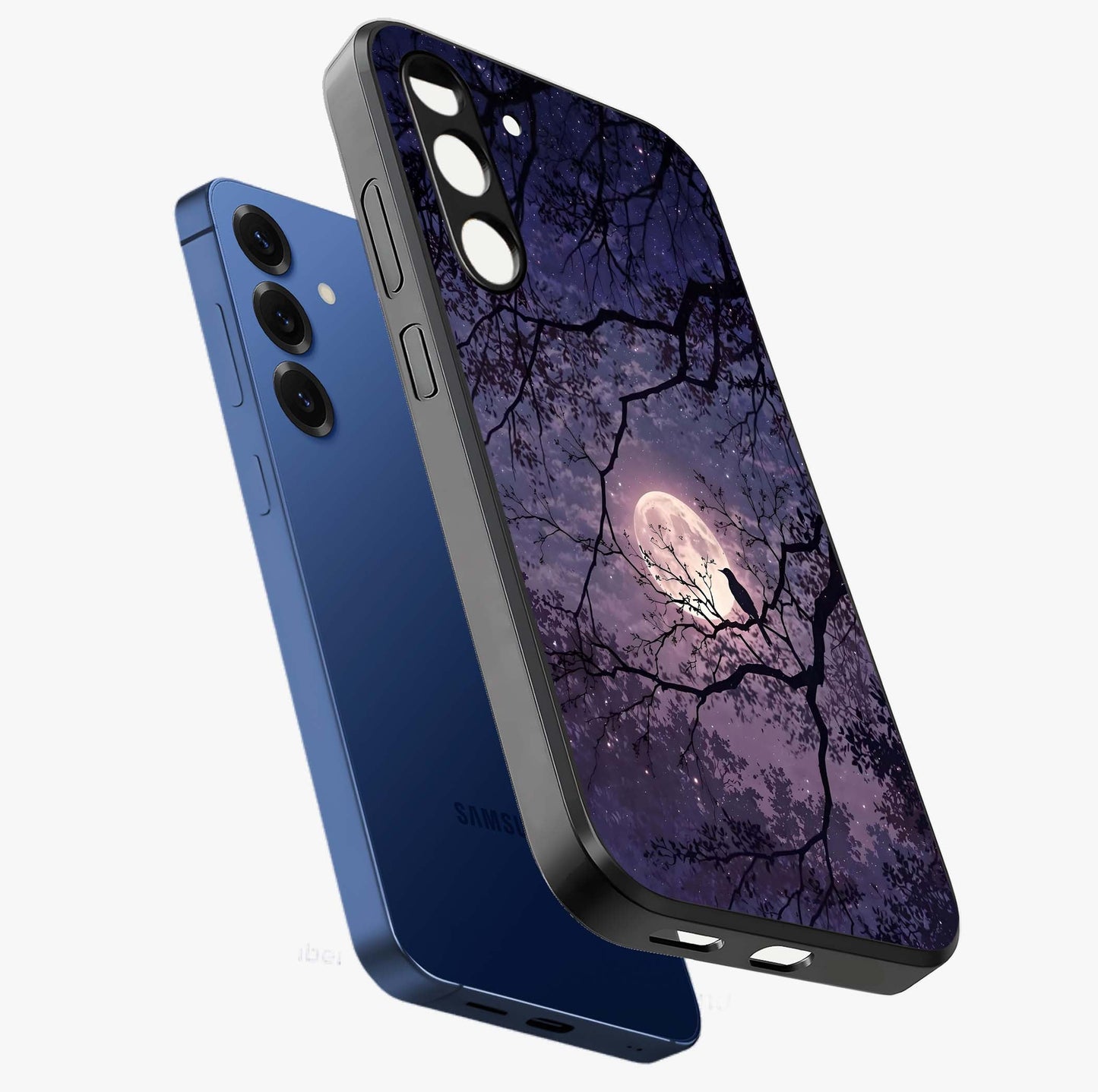 Whispering Moon Silence Glass Case displayed in angled mockup highlighting calm lunar design with dreamy night aesthetic.