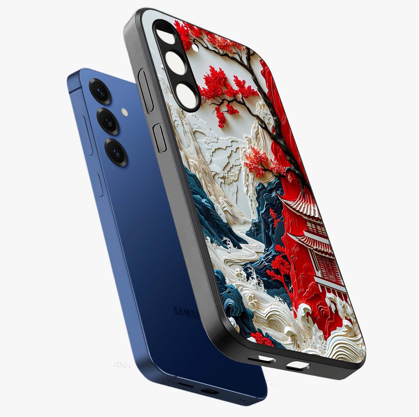 Whispers Of Sakura Waves Glass Case displayed in angled mockup highlighting flowing sakura design with soft floral aesthetic.