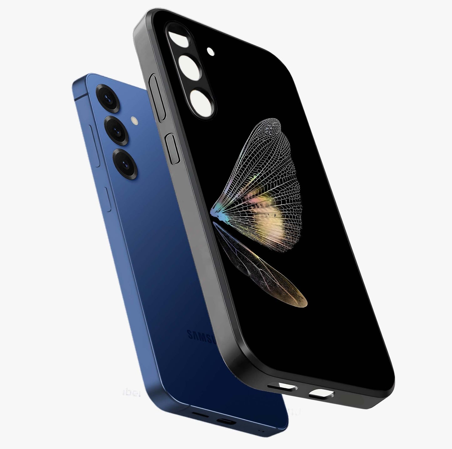 Whispers Of Wings Glass Case displayed in angled mockup highlighting soft feather design with celestial aesthetic style.