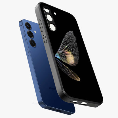 Whispers Of Wings Glass Case displayed in angled mockup highlighting soft feather design with celestial aesthetic style.