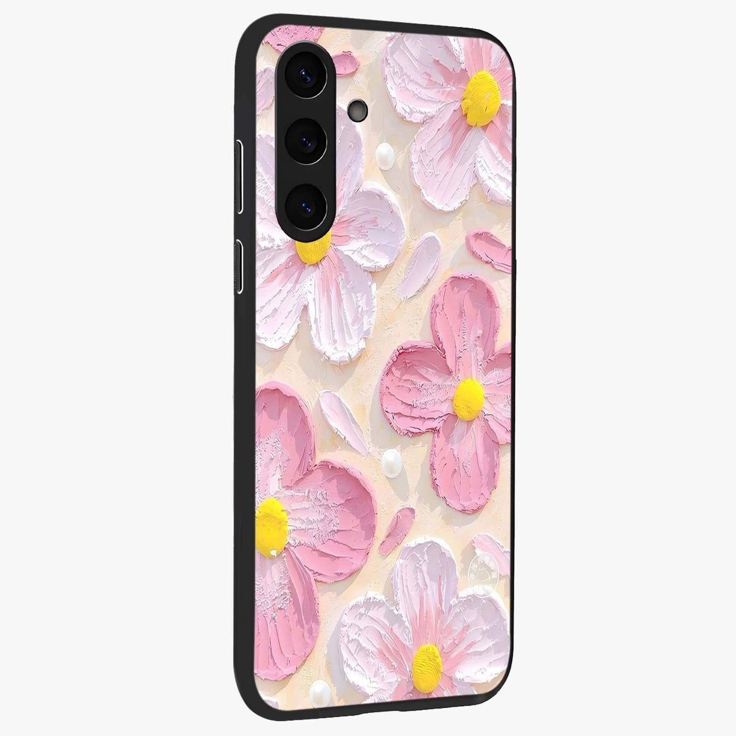 Blush Bloom Texture Glass Case upright view showcasing delicate blush floral texture with modern minimal style.
