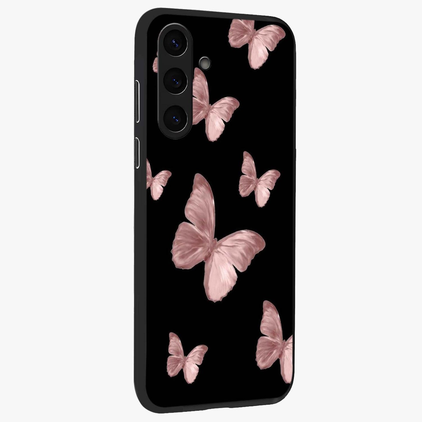 Butterfly Pattern Glass Case upright view showcasing graceful butterfly artwork with soft decorative theme.