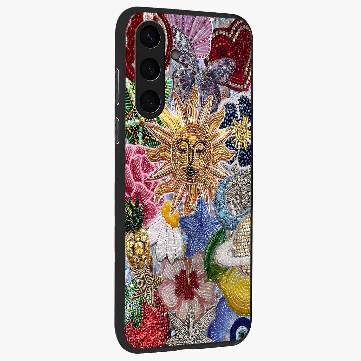 Celestial Floral and Playful Glass Case upright view showcasing whimsical floral artwork with cosmic aesthetic theme.