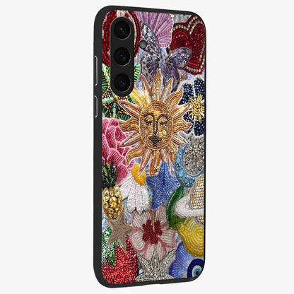 Celestial Floral and Playful Glass Case upright view showcasing whimsical floral artwork with cosmic aesthetic theme.