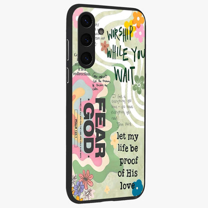 Faith Over Fear Glass Case upright view showcasing bold typography artwork with uplifting motivational theme.