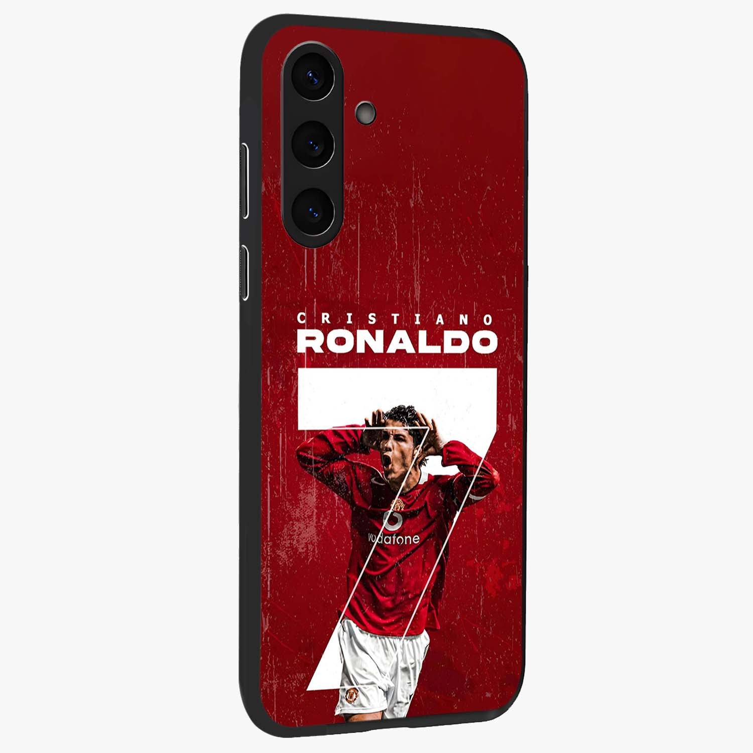 Goal Celebration Legacy Glass Case upright view showcasing dynamic football inspired artwork with victory celebration aesthetic.