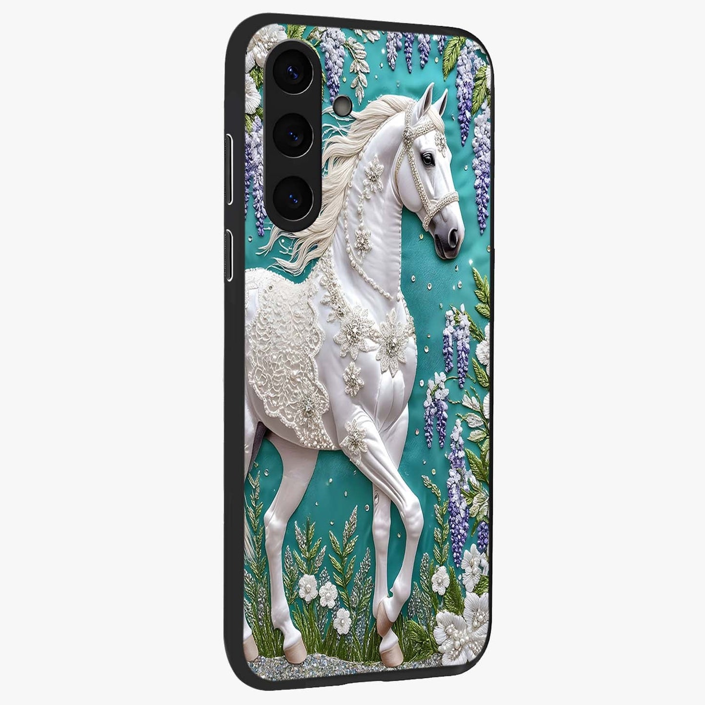 Majestic Floral Stallion Glass Case upright view showcasing dramatic horse artwork with decorative floral theme.