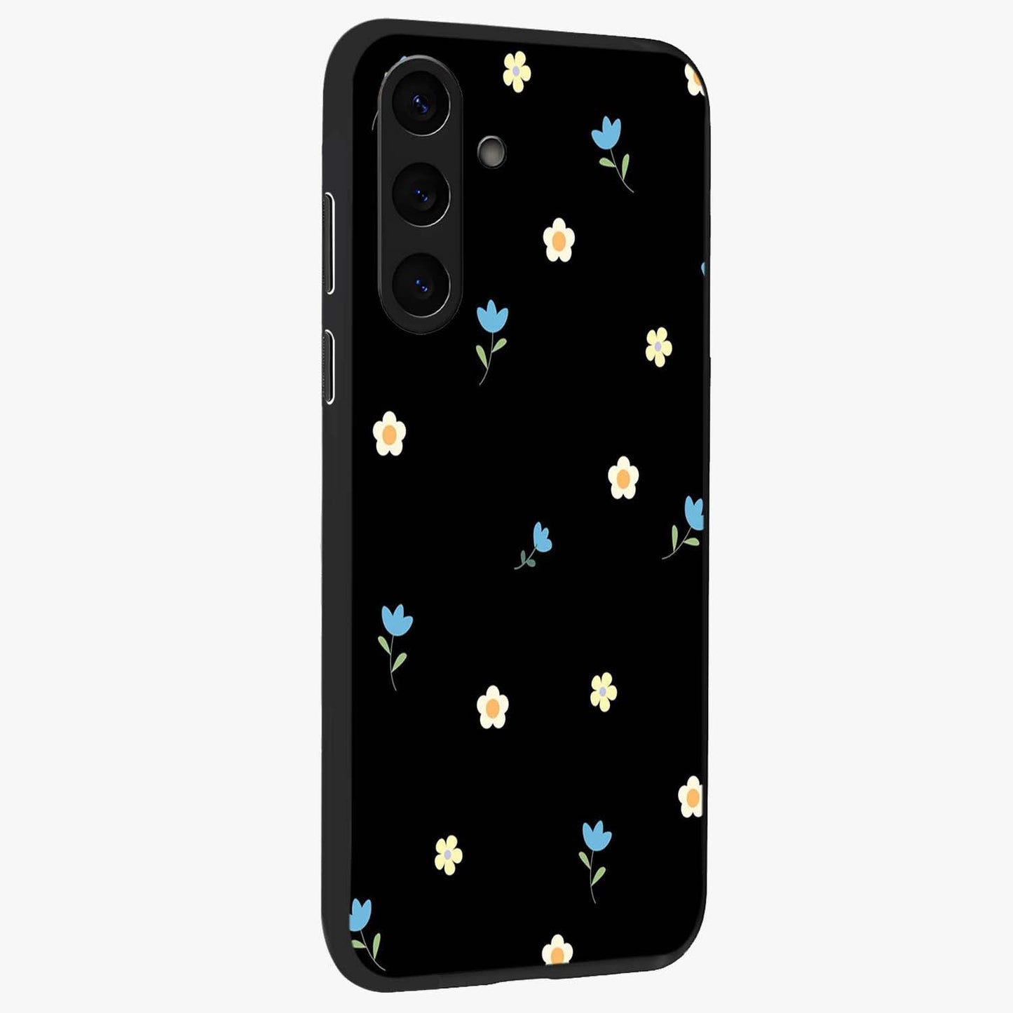 Minimal Petal Whispers Glass Case upright view showcasing elegant floral artwork with modern minimalist style.