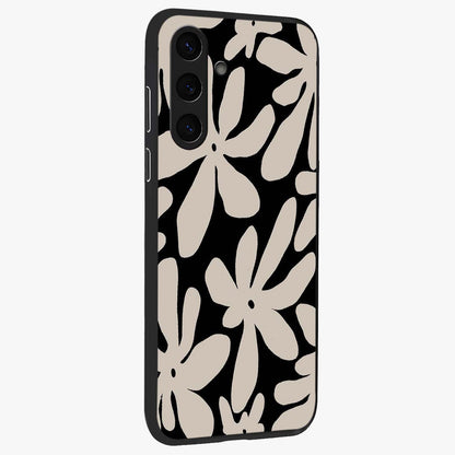 Monochrome Petal Dance Glass Case upright view showcasing artistic floral pattern with stylish monochrome theme.