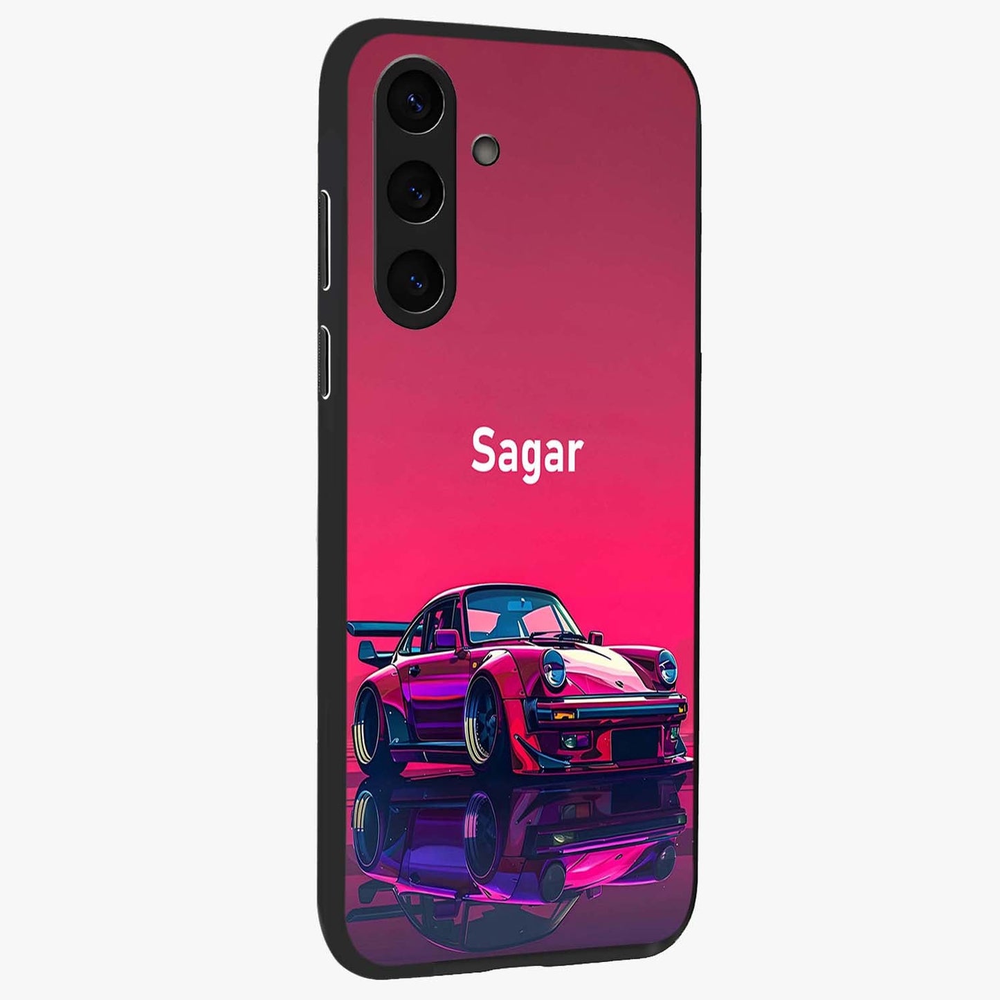 Neon Pink Porsche Glass Case upright view showcasing vibrant sports car artwork with bold automotive theme.