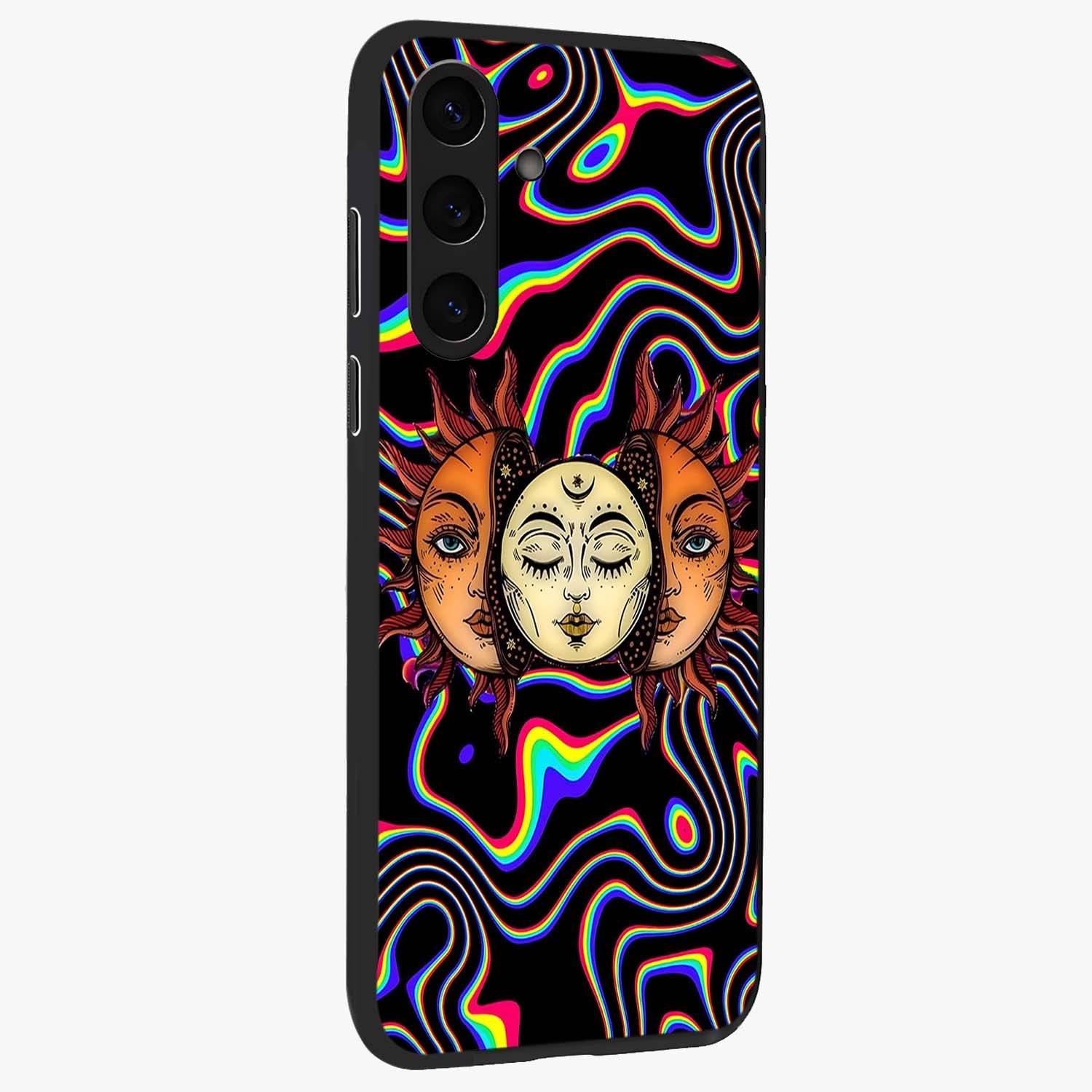 Psychedelic Sun Glass Case upright view showcasing trippy sun artwork with bold psychedelic theme.
