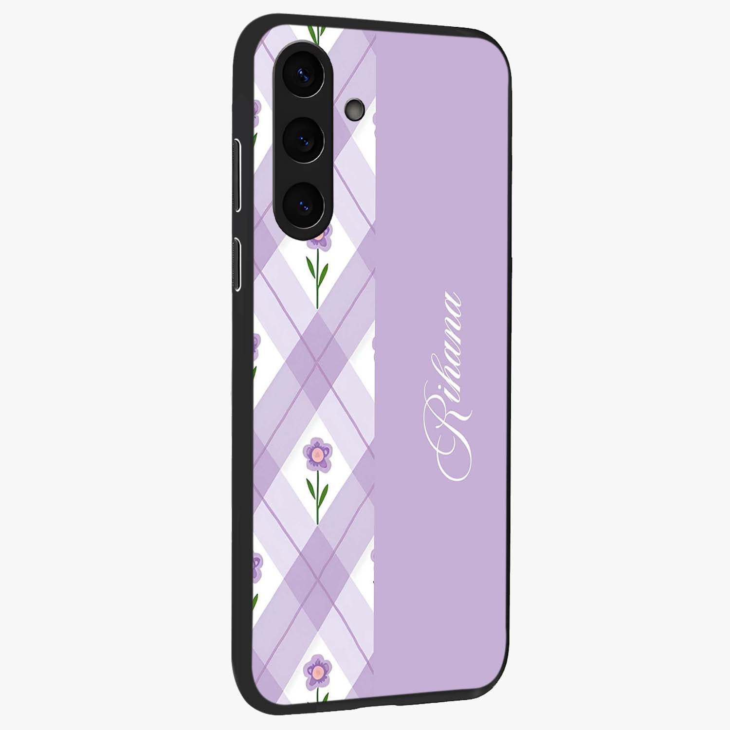 Purple Diamond Floral Glass Case upright view showcasing vibrant floral artwork with stylish geometric theme.