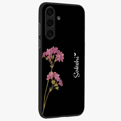 Riching Lavender Flower Custom Name Glass Case upright view showcasing elegant lavender floral artwork with personalized aesthetic.