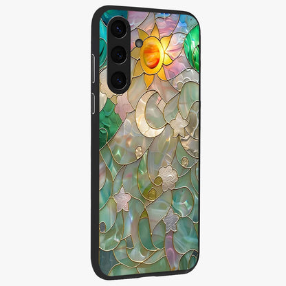Stained Sunrise Glow Glass Case upright view showcasing colorful sunrise artwork with warm morning theme.