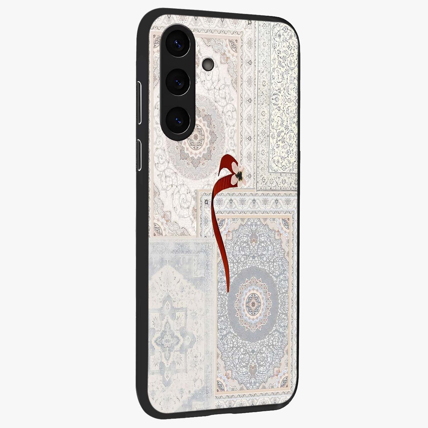 White Aesthetic Bow Glass Case upright view showcasing delicate ribbon bow artwork with cute minimalist theme.
