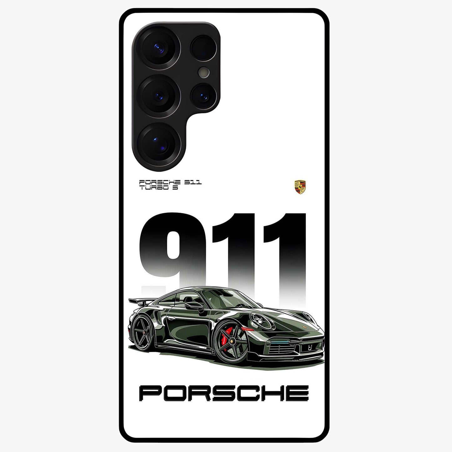 911 Turbo Dominance Glass Case showing clean flat back view with bold 911 sports car artwork and glossy glass finish.