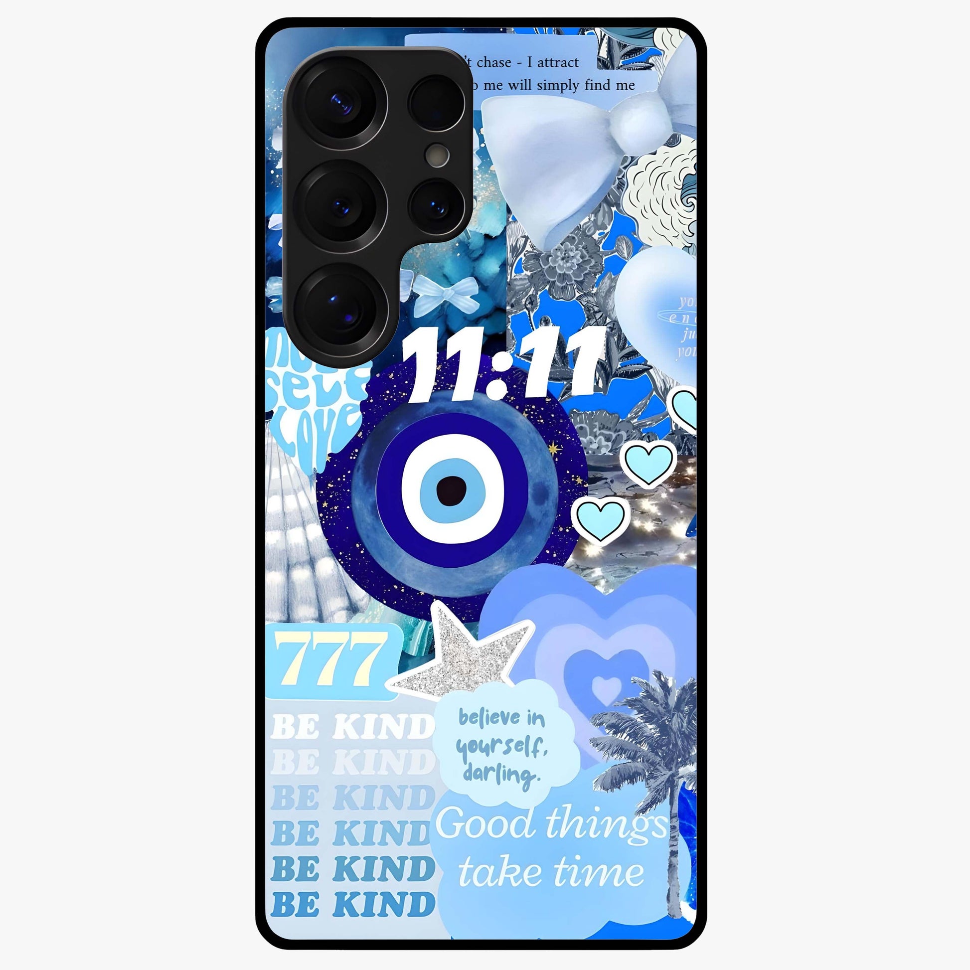Aesthetic Be Kind Eye Glass Case showing flat back view with motivational eye artwork and glossy glass finish.