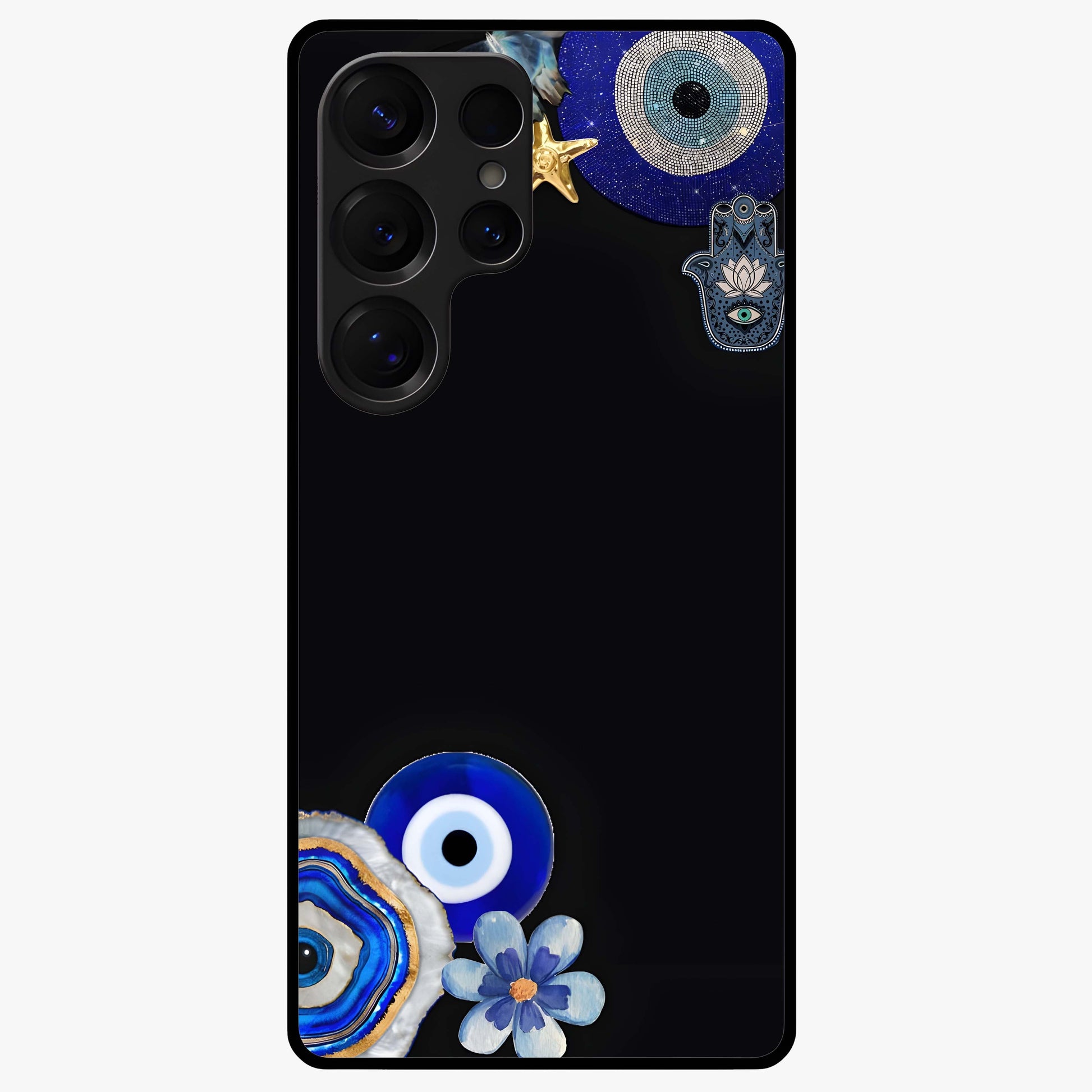 Aesthetic Blue Evil Eye Glass Case showing flat back view with protective evil eye artwork and glossy glass finish.