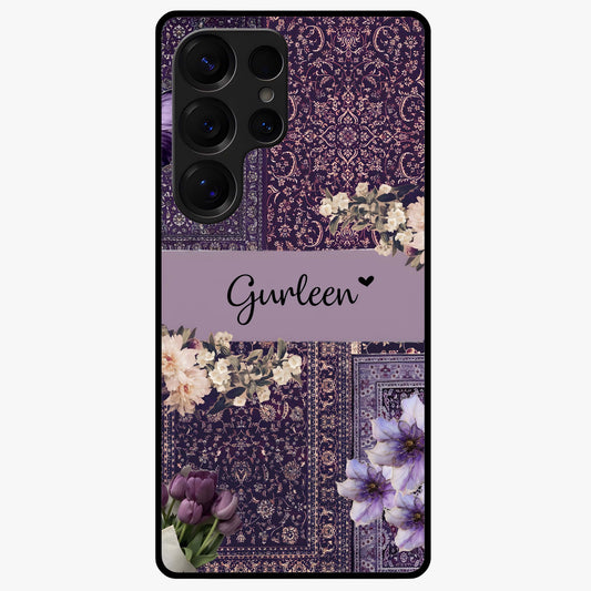 Antique Floral Whisper Custom Name Glass Case showing flat back view with vintage floral artwork and personalized name design.