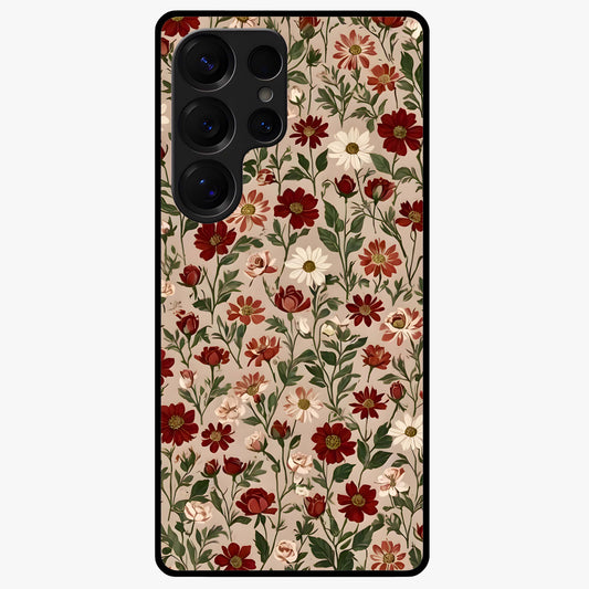 Biege Flower With Leaf Glass Case showing flat back view with soft beige floral artwork and glossy glass finish.