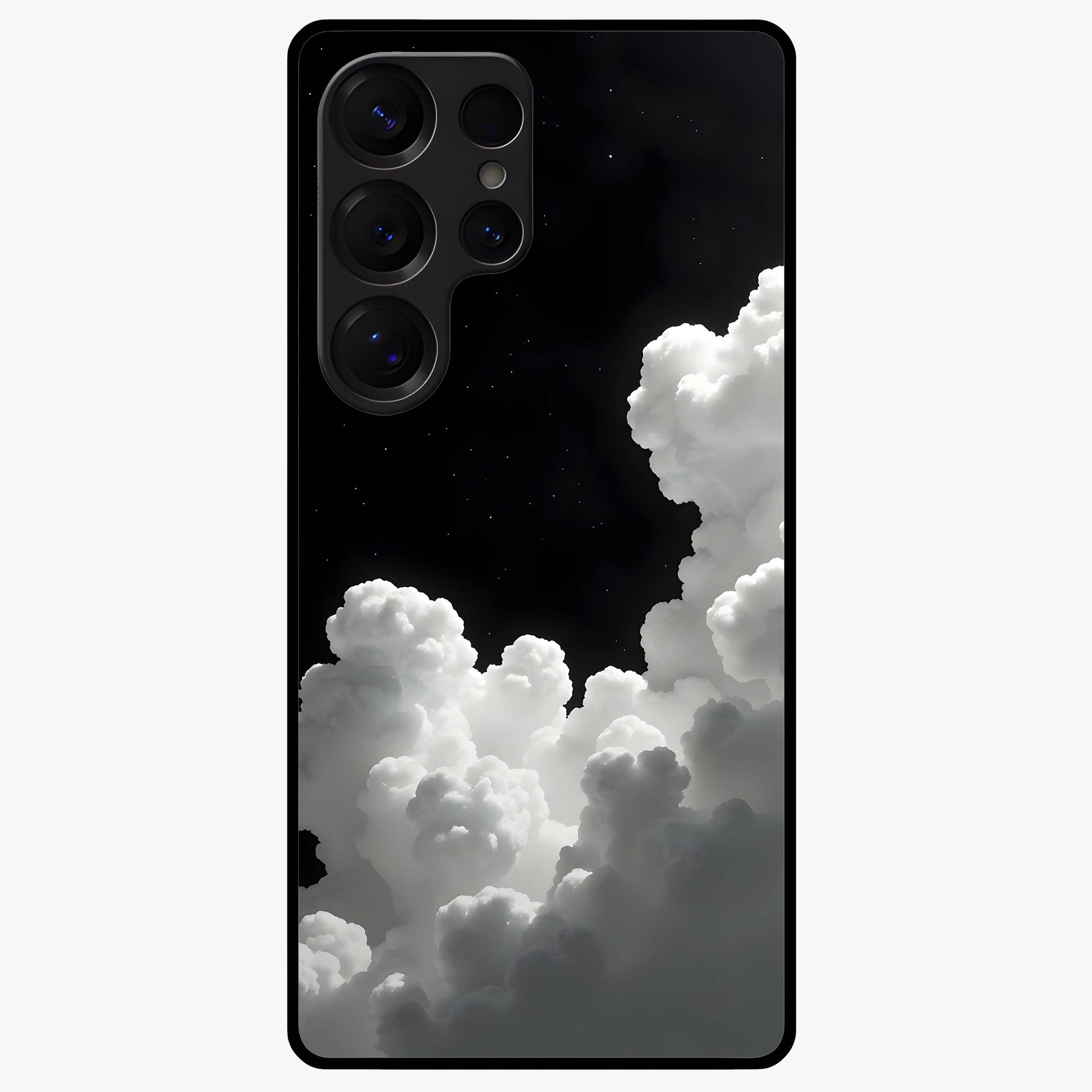 Black Background With White Cloud Glass Case showing flat back view with minimal cloud artwork on dark background and glossy glass finish.