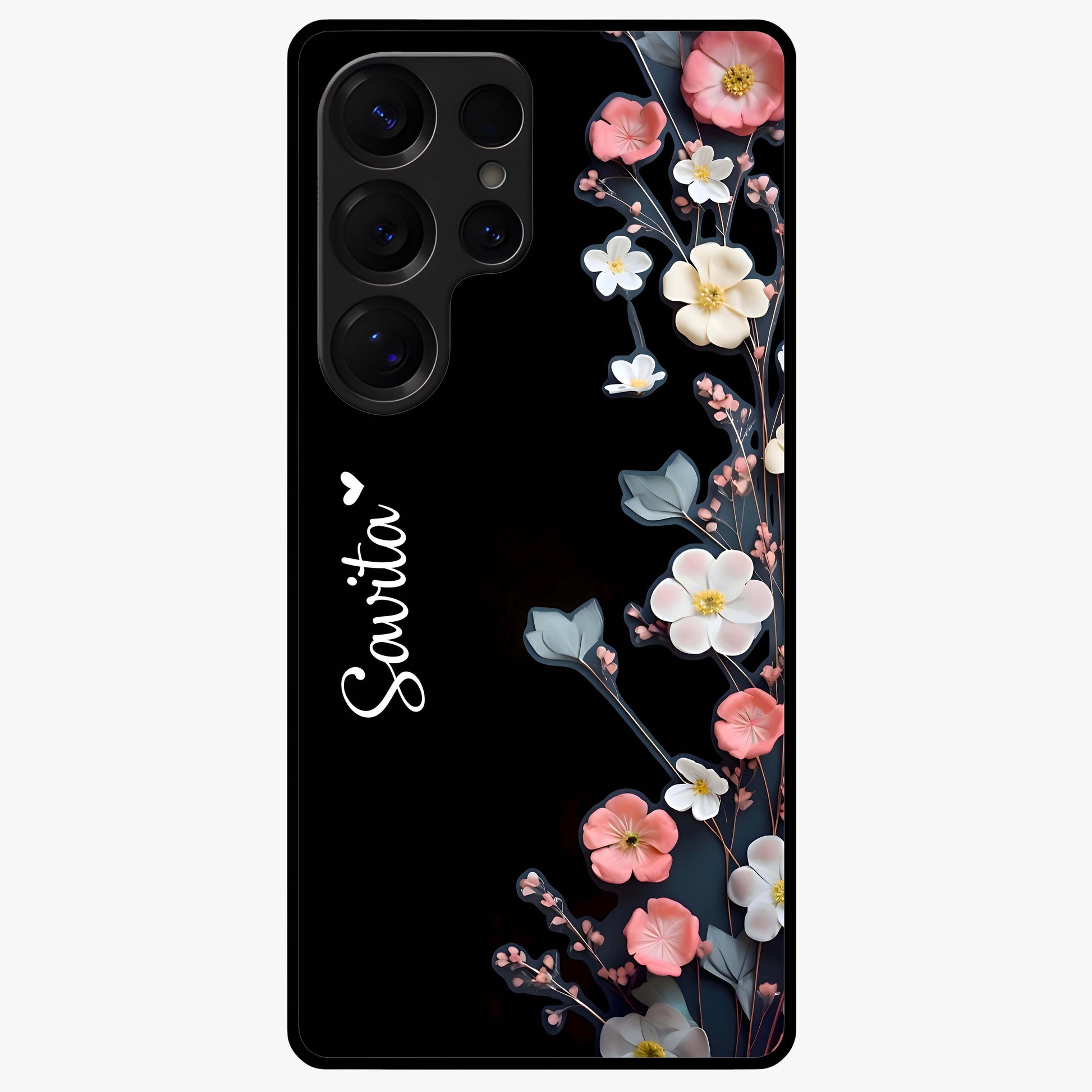 Black Elegance Floral Custom Name Glass Case showing flat back view with elegant floral artwork and personalized name design.