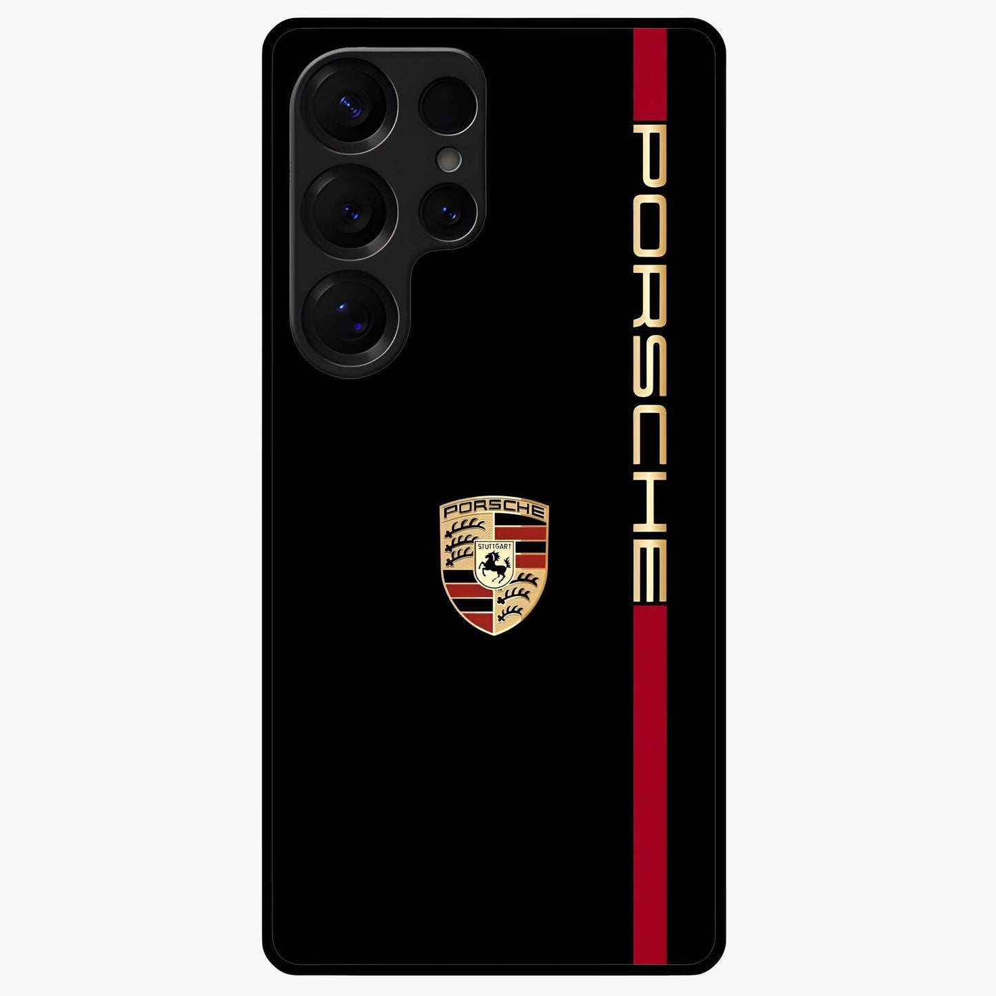 Black Minimal Porsche Glass Case showing flat back view with sleek minimal sports car artwork and glossy glass finish.