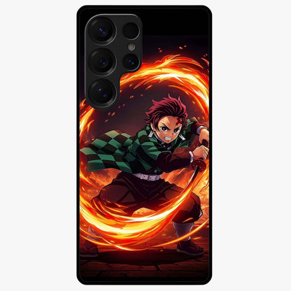 Blazing Sword Resolve Glass Case showing flat back view with fiery sword artwork and glossy glass finish.