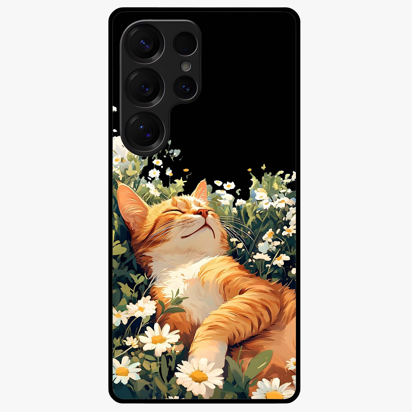 Blissful Bloom Cat Glass Case showing flat back view with cute cat and floral bloom artwork and glossy glass finish.
