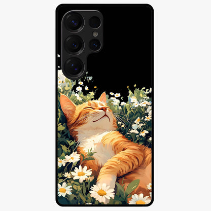Blissful Bloom Cat Glass Case showing flat back view with cute cat and floral bloom artwork and glossy glass finish.
